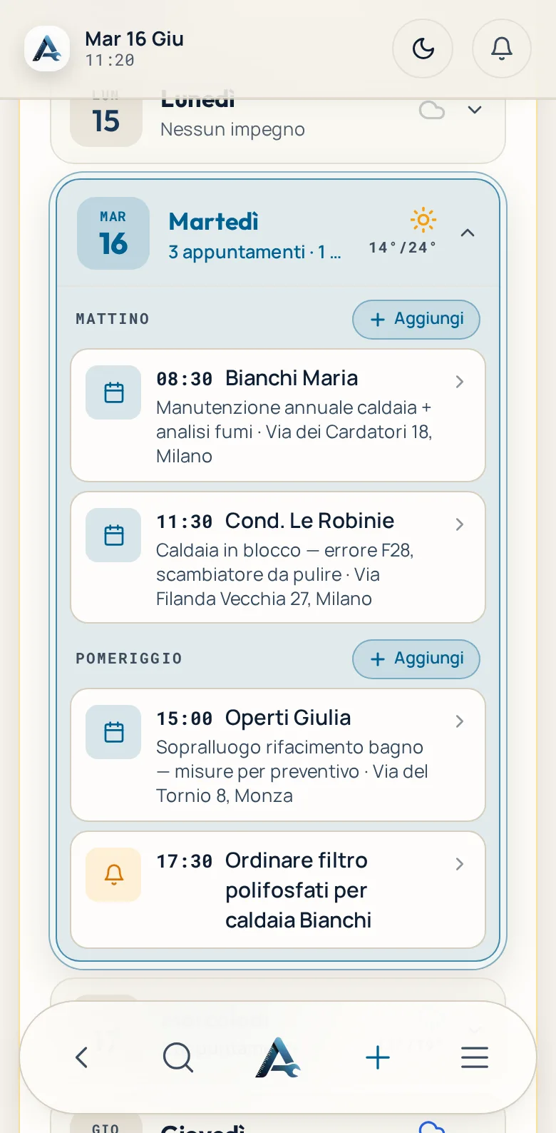 L’agenda sul telefono: meteo del martedì, tre appuntamenti divisi tra mattino e pomeriggio e un promemoria